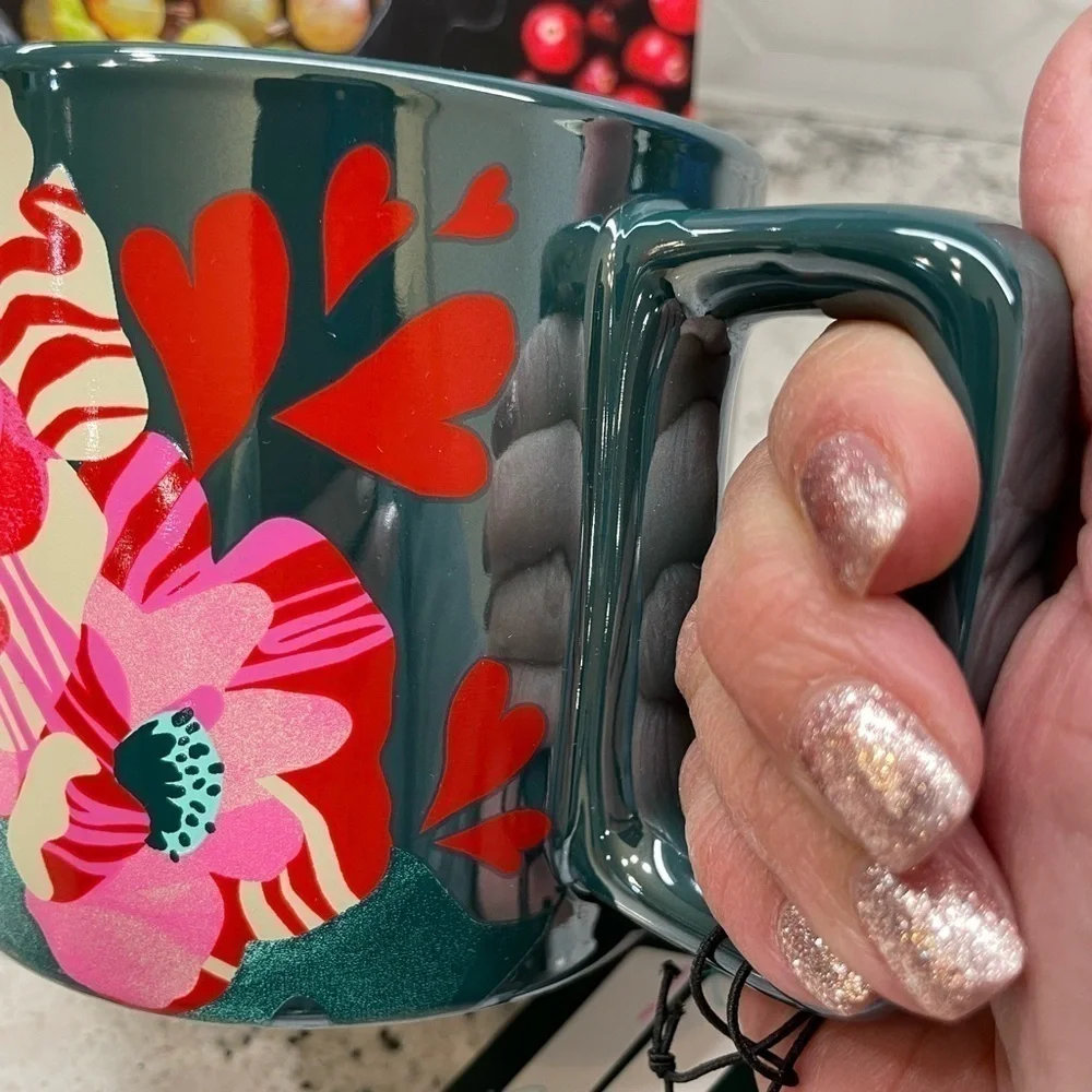 Starbucks 2024 Dark Blue Flora Hearts Ceramic Mug. Iridescent sheen. NWT!